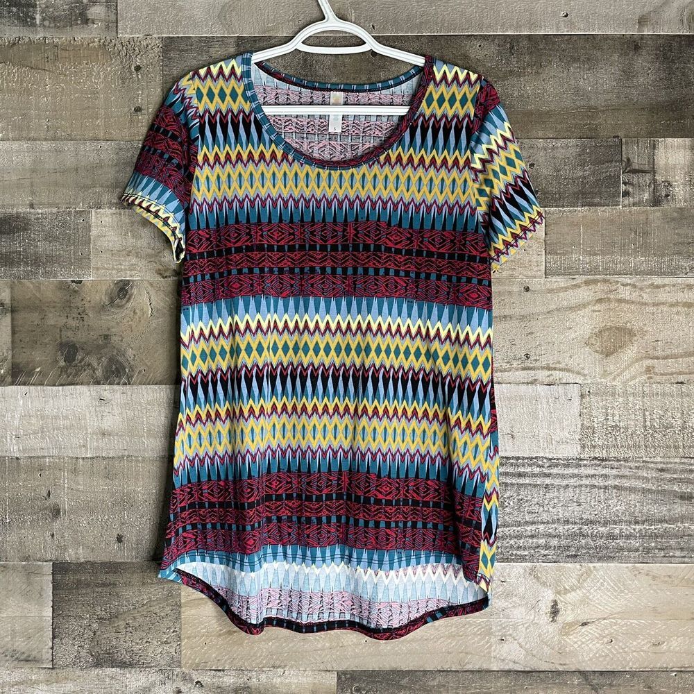 LuLaRoe Womens S Teal  Short Sleeve Top High‎ Low Striped Aztec Tribal Print